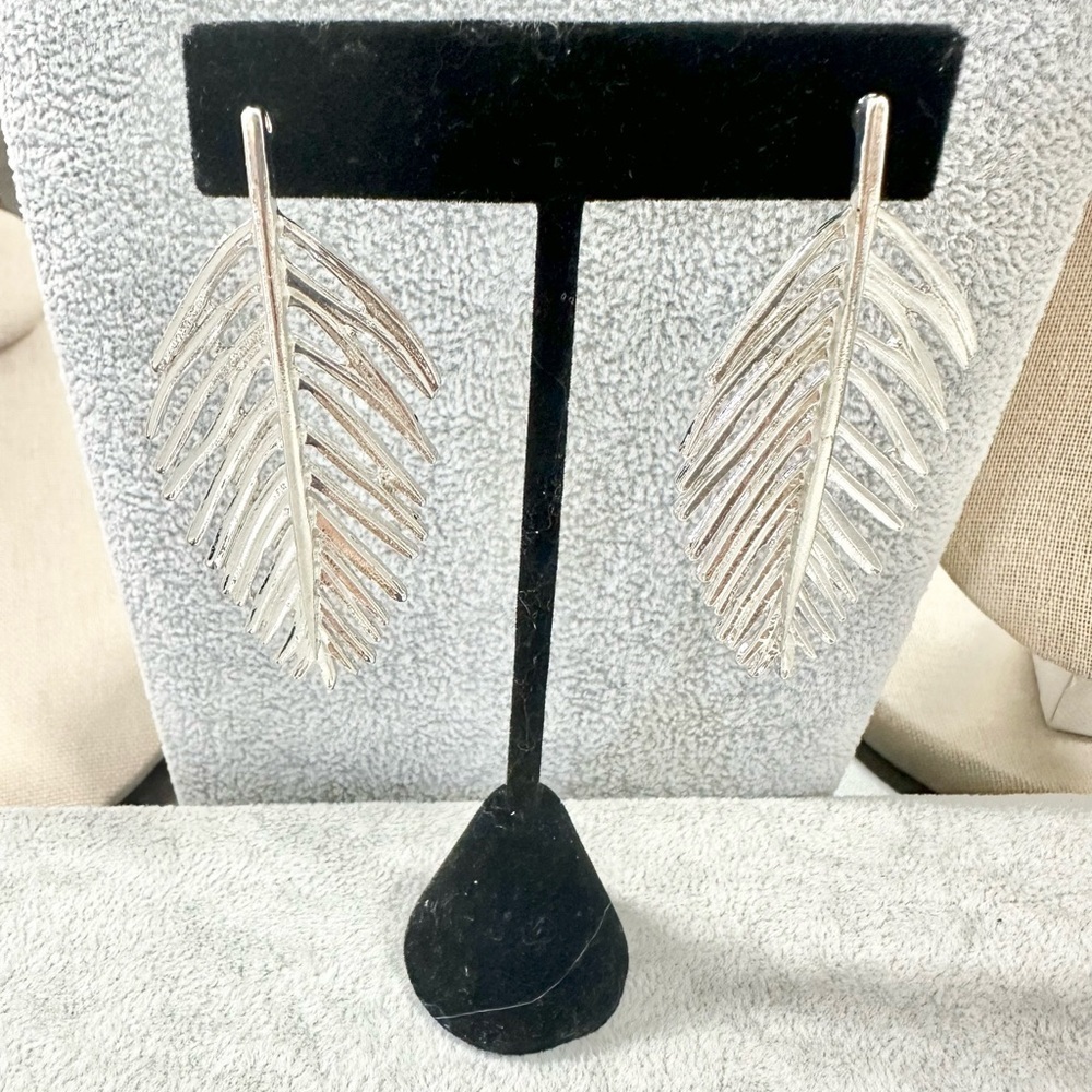 Large Silver Tone Palm Leaf Statement Fashion Post Back Earrings
